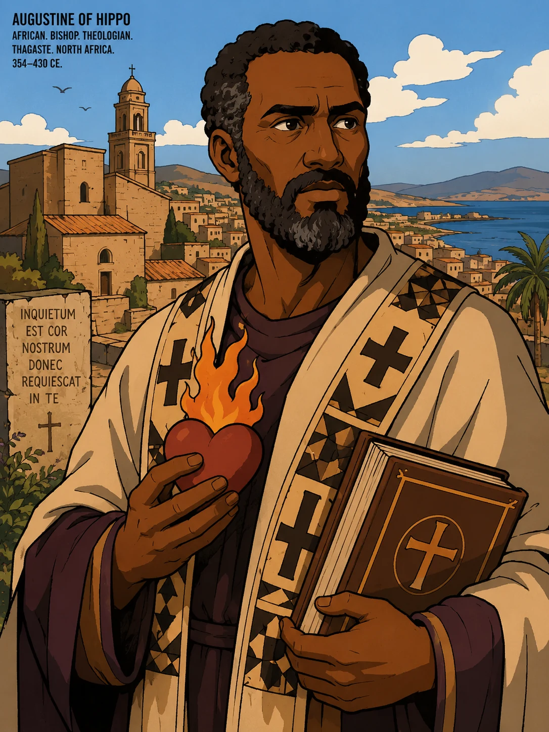 Augustine of Hippo — a North African Berber bishop of the late 4th century, holding a book and a flaming heart, sun-baked North African stone behind him