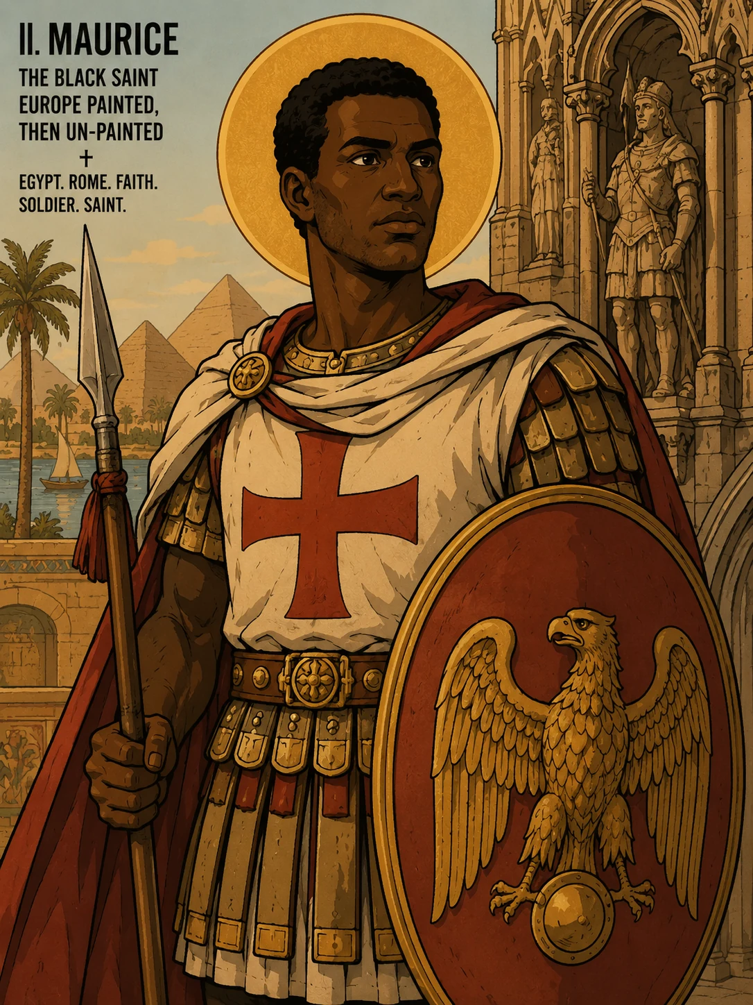 Saint Maurice — an Egyptian Roman commander of the 3rd century, illustrated as a dignified African warrior in Roman armor with a red cross emblem, modeled on the Magdeburg statue