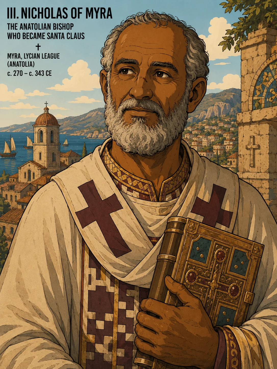 Nicholas of Myra — a 4th-century Greek bishop of Anatolia, illustrated with olive-brown Mediterranean complexion, grey-white beard, crooked nose, wearing Eastern Byzantine bishop's vestments and holding a Gospel book