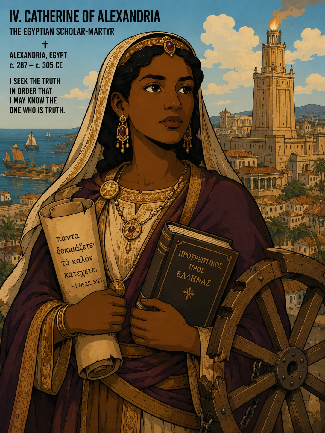 Catherine of Alexandria — a young Egyptian woman scholar of late antiquity, illustrated with warm brown complexion and dark hair, holding a scroll and a book with a broken wheel at her side, Alexandria and the African coast behind her
