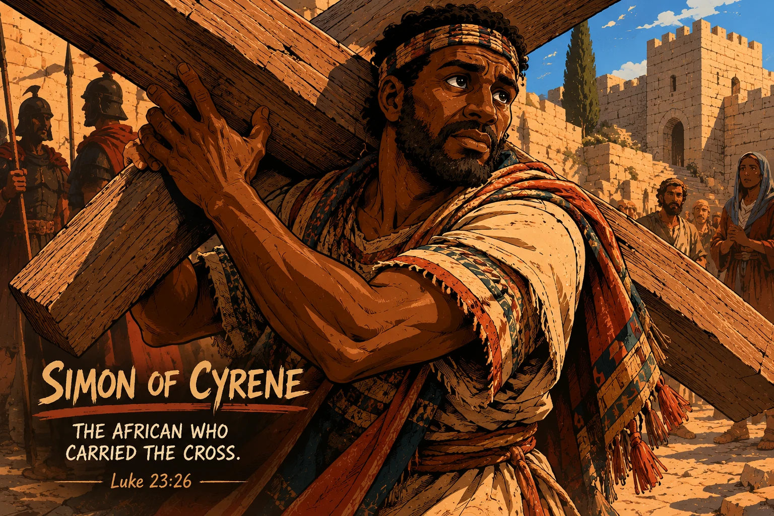 Simon of Cyrene — a strong North African man of the 1st century, illustrated bending to lift the crossbeam onto his shoulder on the road to Calvary, face showing compassion and strain, dusty Jerusalem street