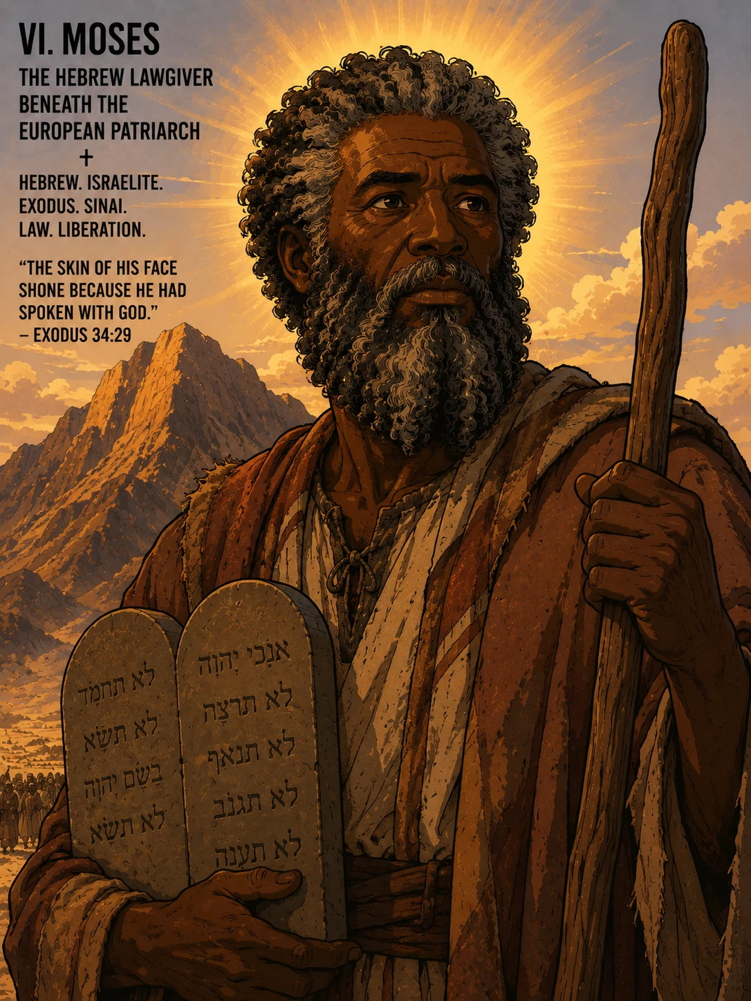 Moses — an aged Hebrew prophet of the Exodus, illustrated with deep sun-darkened complexion, dense coiled grey-and-black beard and hair, face shining with gold radiance (karan — the shining of Exodus 34), Sinai and desert sky behind