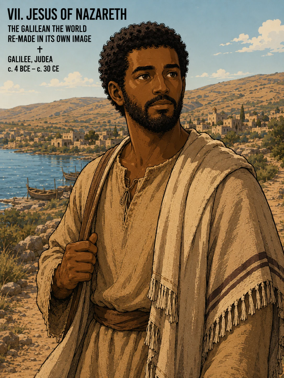 Jesus of Nazareth — a 1st-century Galilean Jewish man, illustrated with olive-brown skin, dark brown eyes, and short dense coiled dark hair and beard, wearing a simple wool tunic with tassels (tzitzit), warm Galilean light and dry hills behind