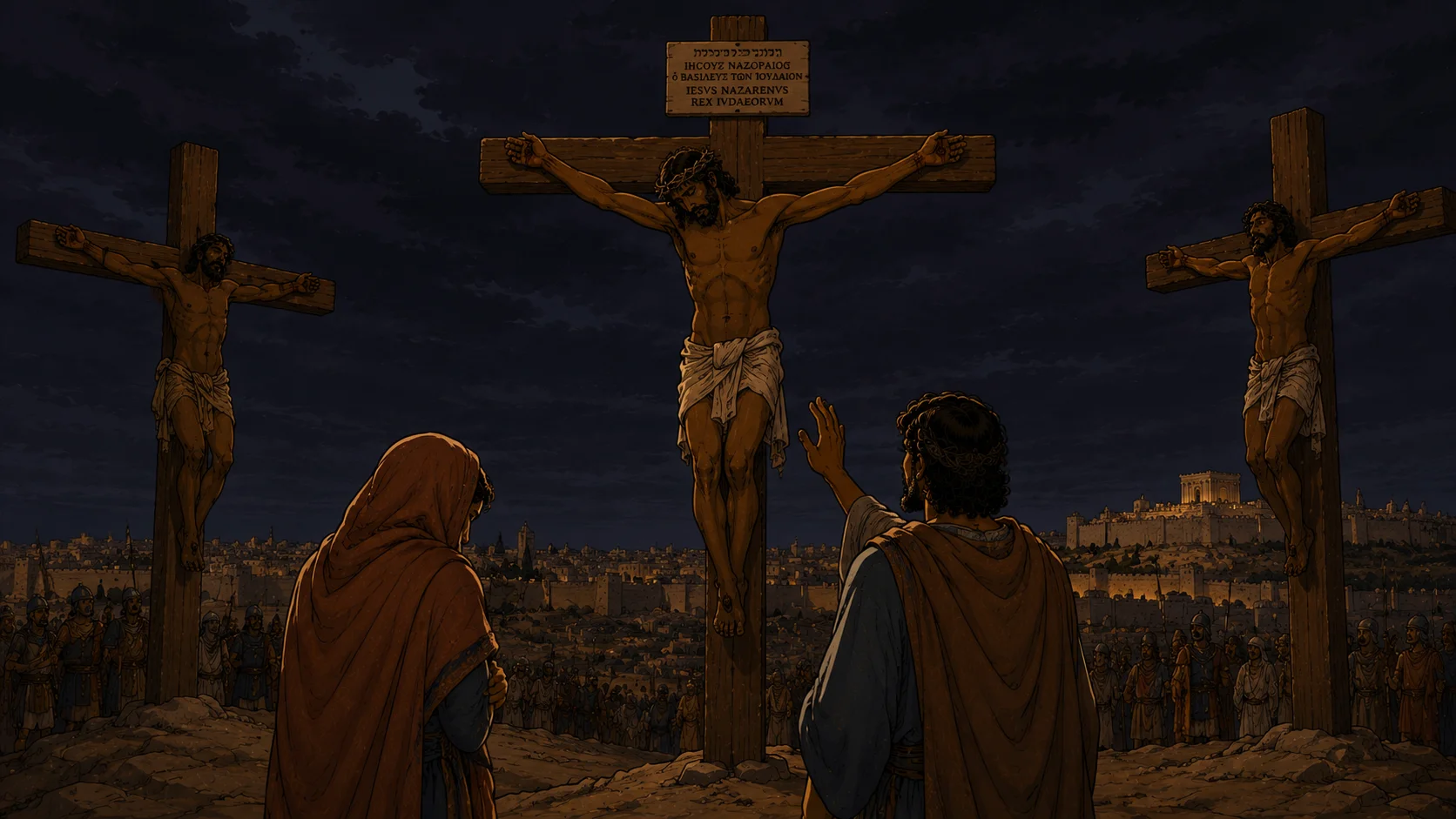 Cel-shaded documentary illustration of the crucifixion at Golgotha — Yeshua on the cross at the Place of the Skull, the three-hour darkness, the crowd and the two criminals, in first-century Judean setting
