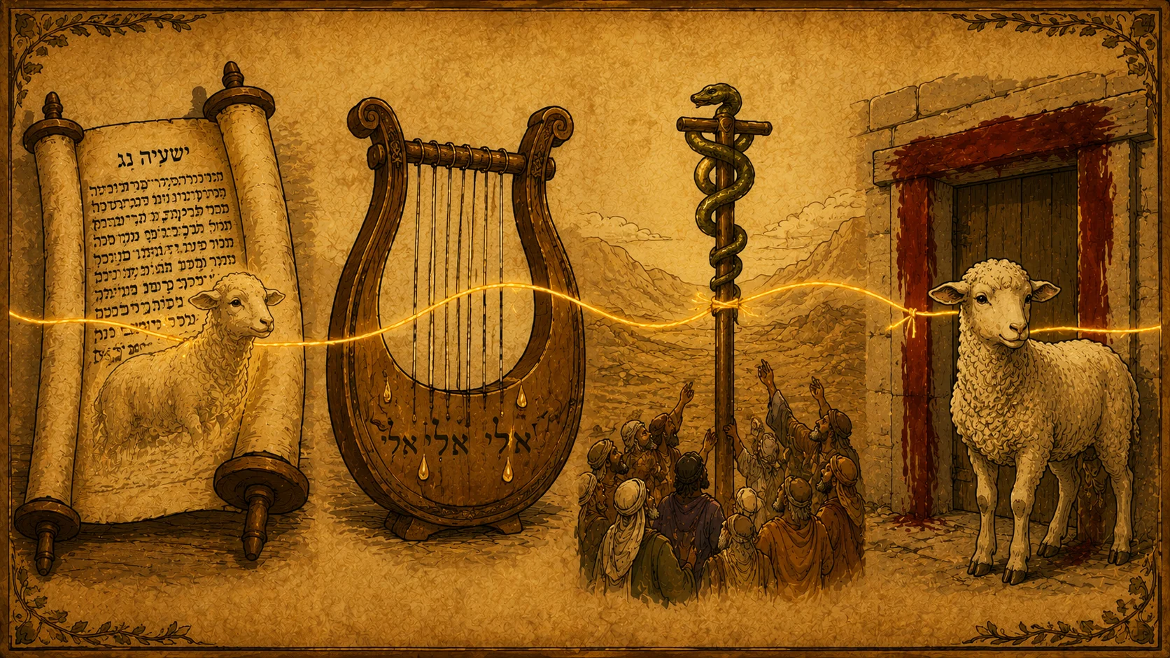 Cel-shaded illustration showing four scrolls representing the prophecies of Isaiah 53, Psalm 22, Zechariah 12:10, and Daniel 9:26 — the prophetic anchors of Yeshua's last days