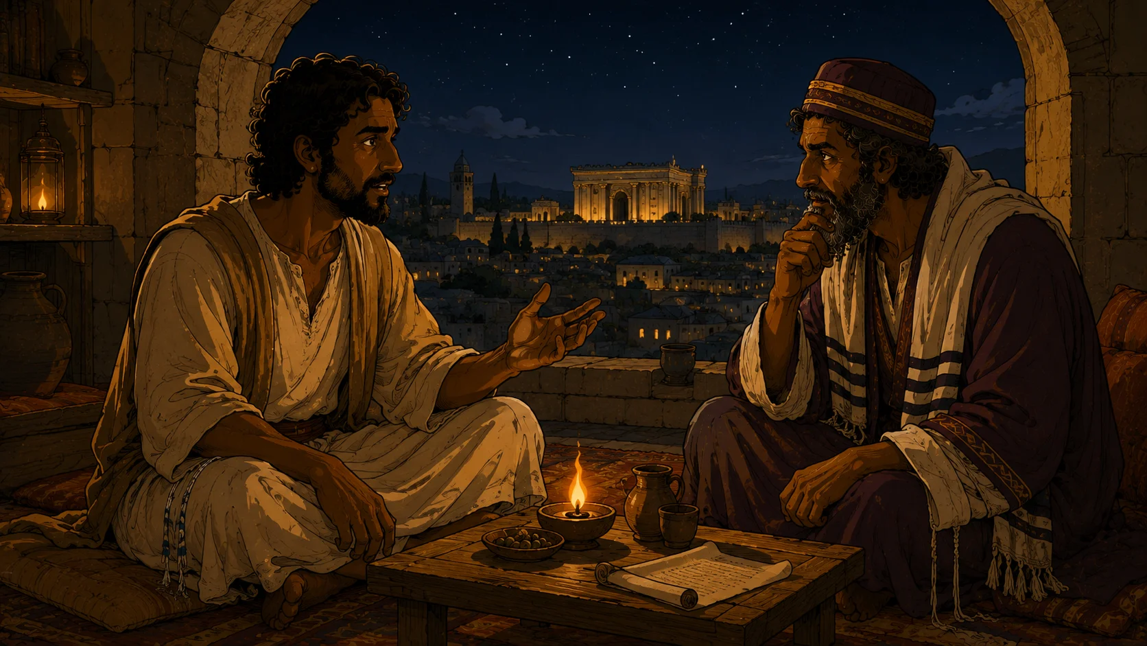 Yeshua and Nikodemos in a private nighttime rooftop dialogue in first-century Yerushalayim — two Hebrew teachers, both Levantine, both intent, with the Temple Mount visible through an arched window under a star-filled sky