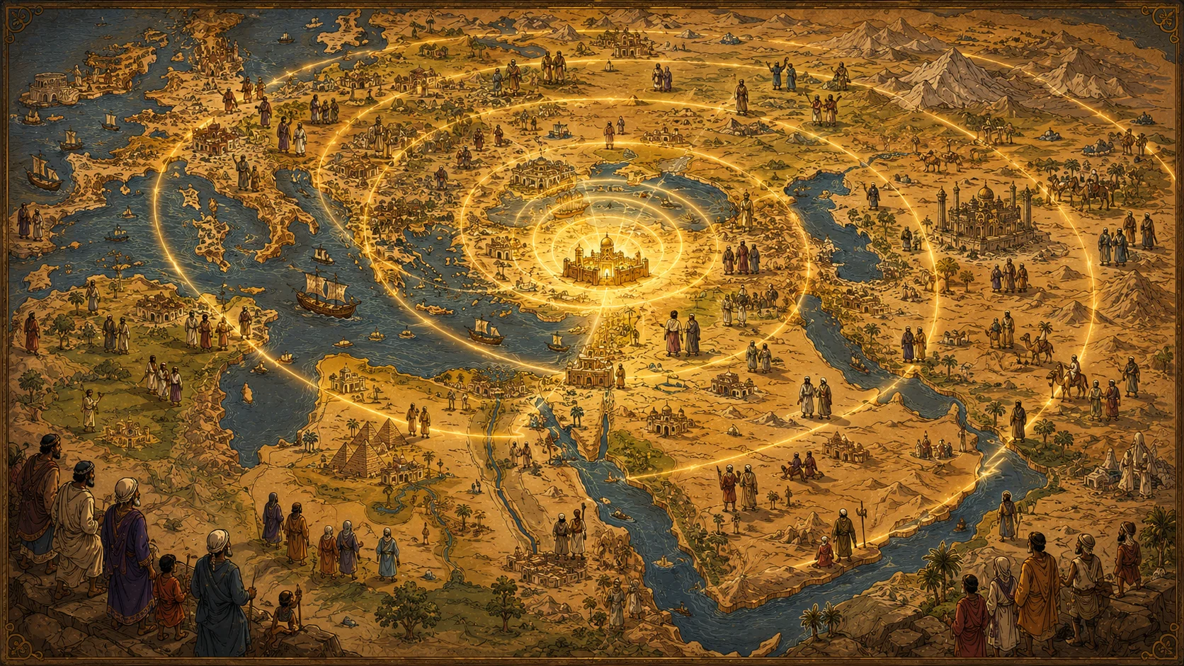 A symbolic medieval-style map showing concentric waves of warm gold light radiating from Yerushalayim outward across the ancient world to the nations — the kosmos of John 3:16