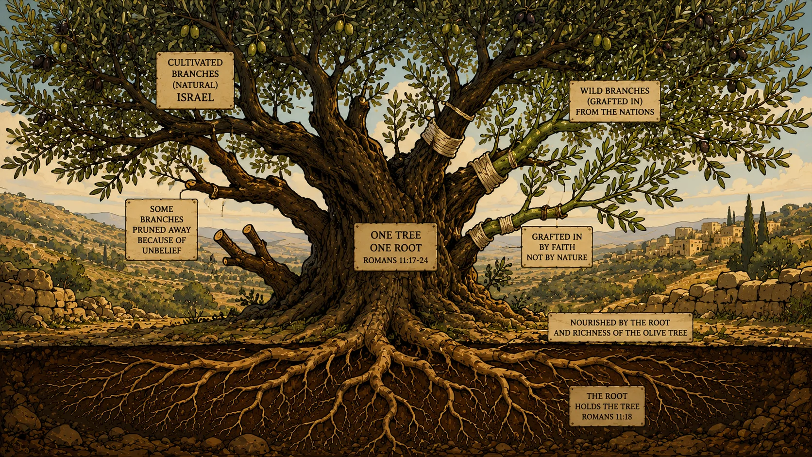 Cel-shaded illustration of an olive tree branch grafting — depicting Romans 11's image of wild olive branches grafted into the cultivated olive tree of Israel, with the root representing the Abrahamic covenant