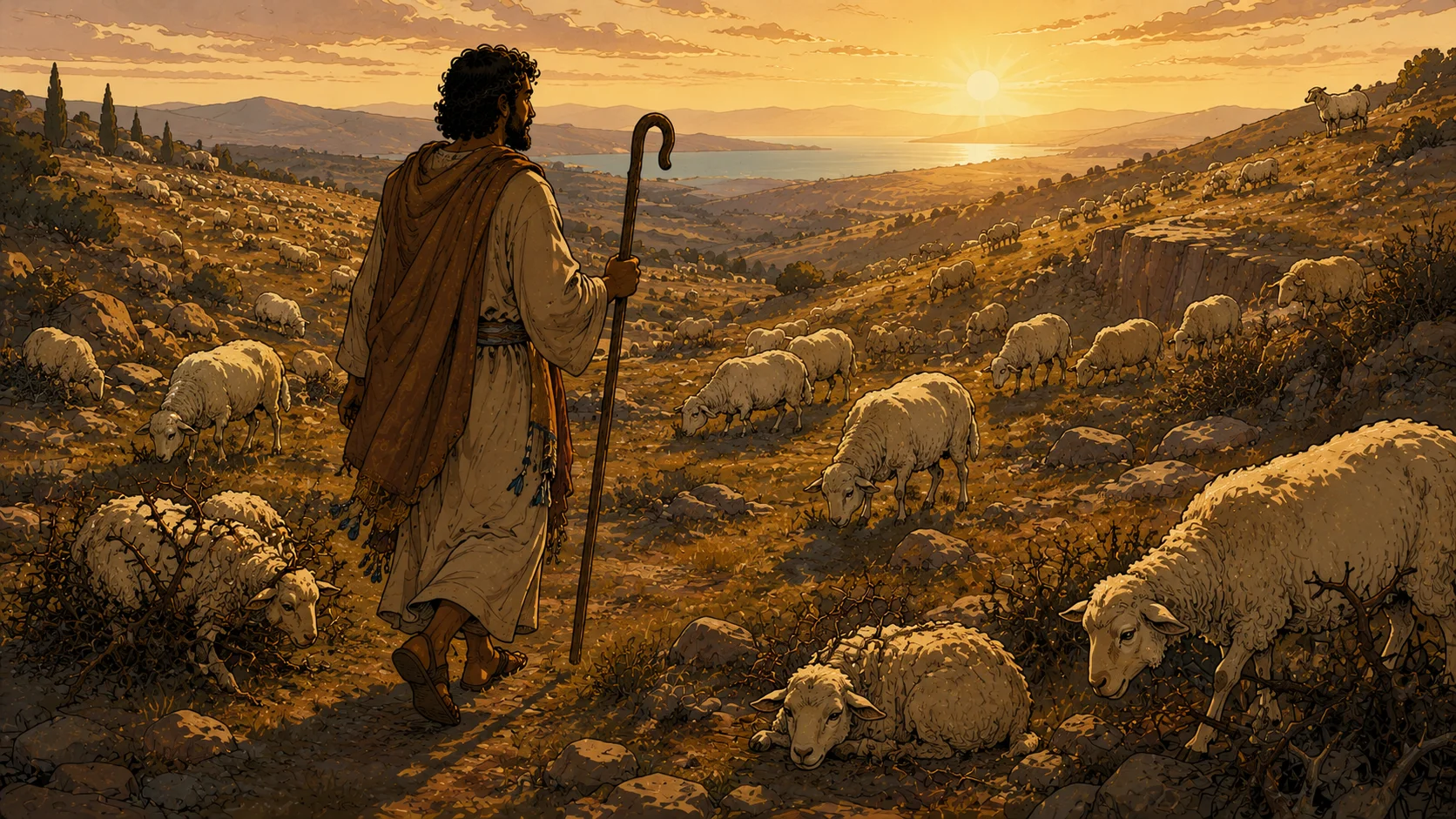 Cel-shaded illustration of a shepherd searching for and carrying a lost sheep — representing Yeshua's declared mission to the lost sheep of the house of Israel in Matthew 15:24 and Luke 15
