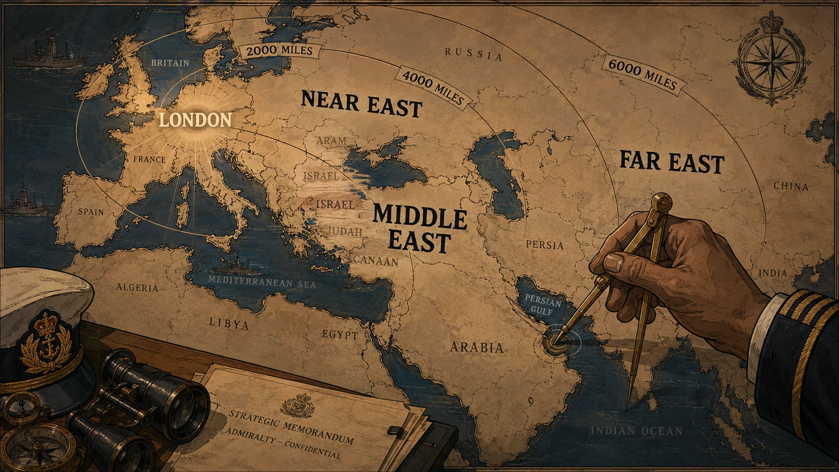 Imperial naval strategy map — the colonial origin of the term Middle East, Near East, Far East, all measured from London