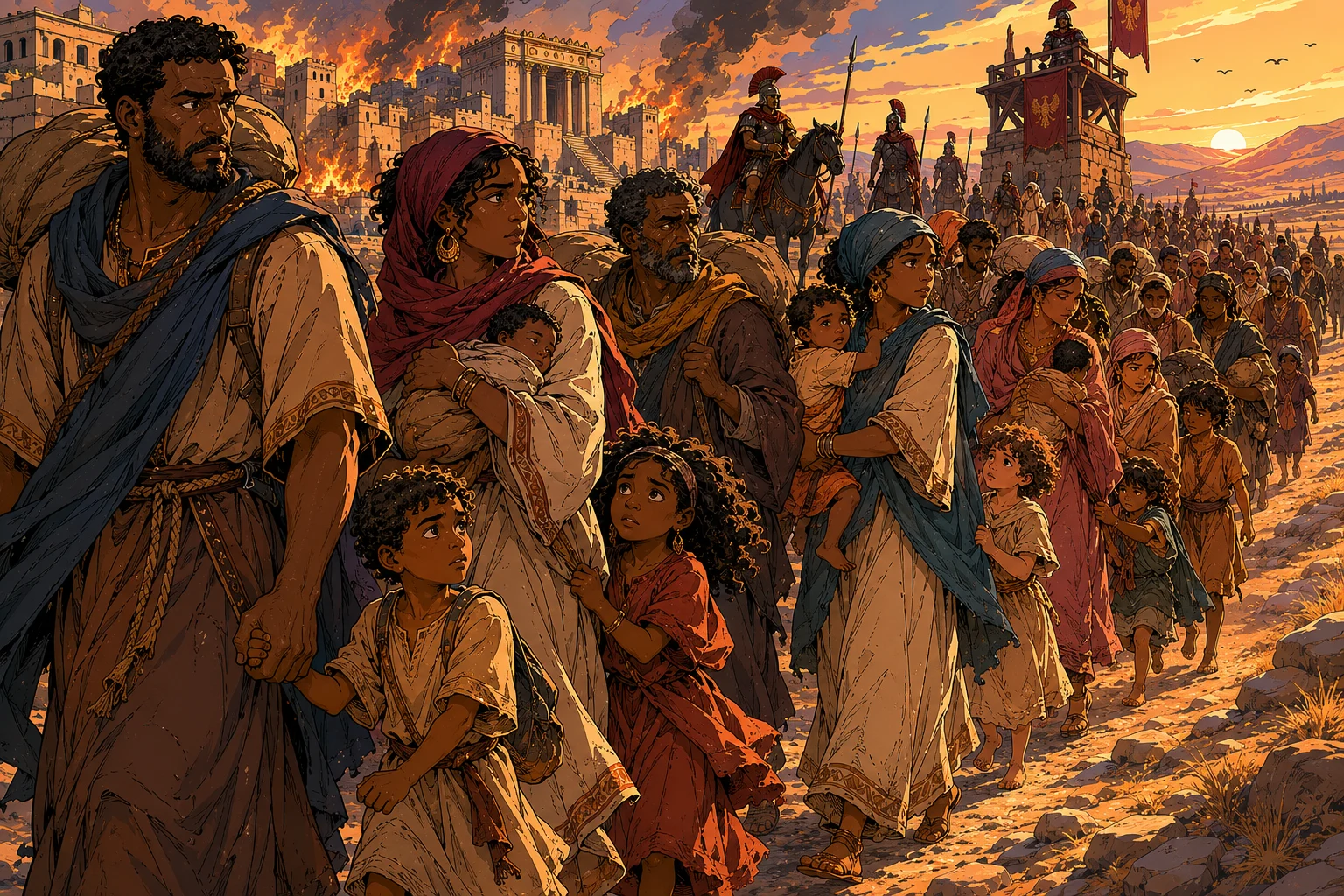 A long procession of Israelite captives — men, women, children — being led away in chains from a burning city with a ruined temple, the Babylonian and Assyrian deportations