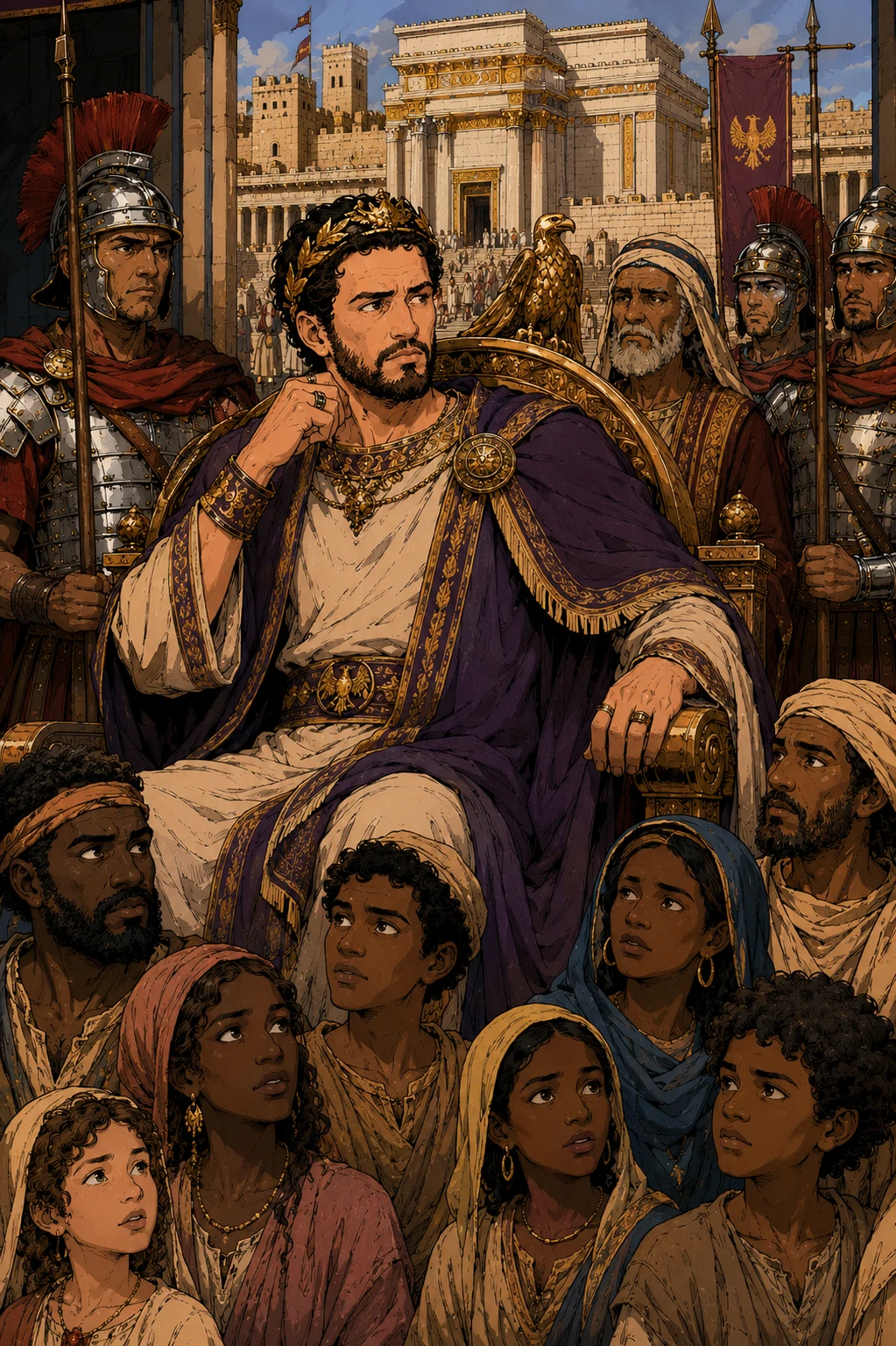 Herod the Great enthroned — an Idumean Nabatean man in a fusion of Judean royal robes and Roman imperial elements, Roman soldiers as guards behind the throne