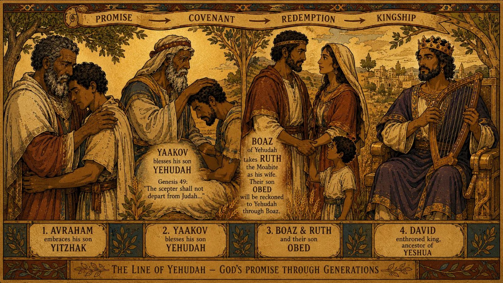 The patrilineal lineage in action — Avraham to Yitzhak, Yaakov blessing Yehudah, Boaz and Ruth with their son Oved, David enthroned with his harp — flowing father to son as a continuous ancestral river
