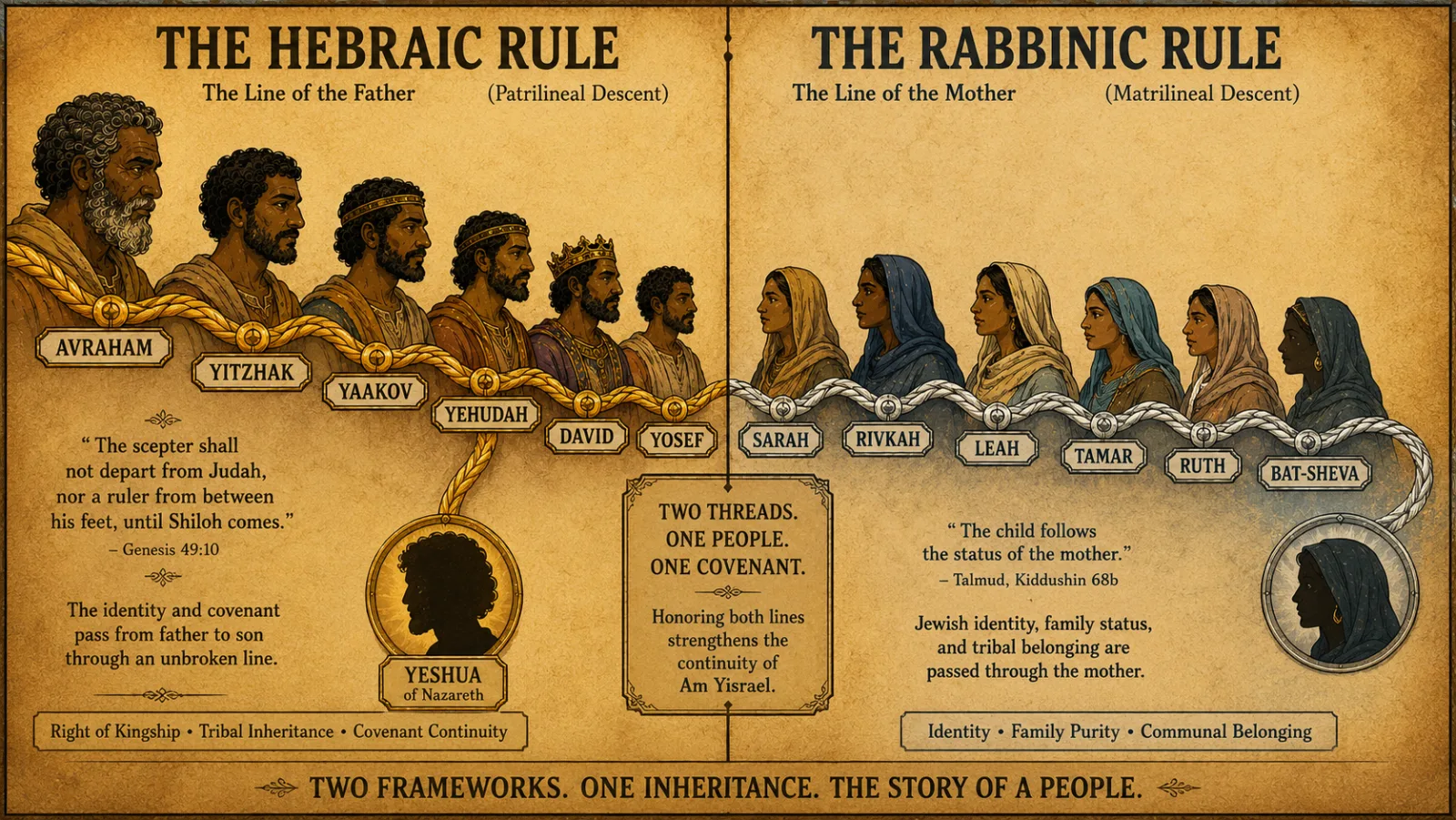 Two parallel frameworks of the Jewish tradition — left, the Hebraic Rule, a golden father-to-son cord from Avraham to Yeshua; right, the Rabbinic Rule, a silver mother-to-child cord through generations of women — coexisting side by side