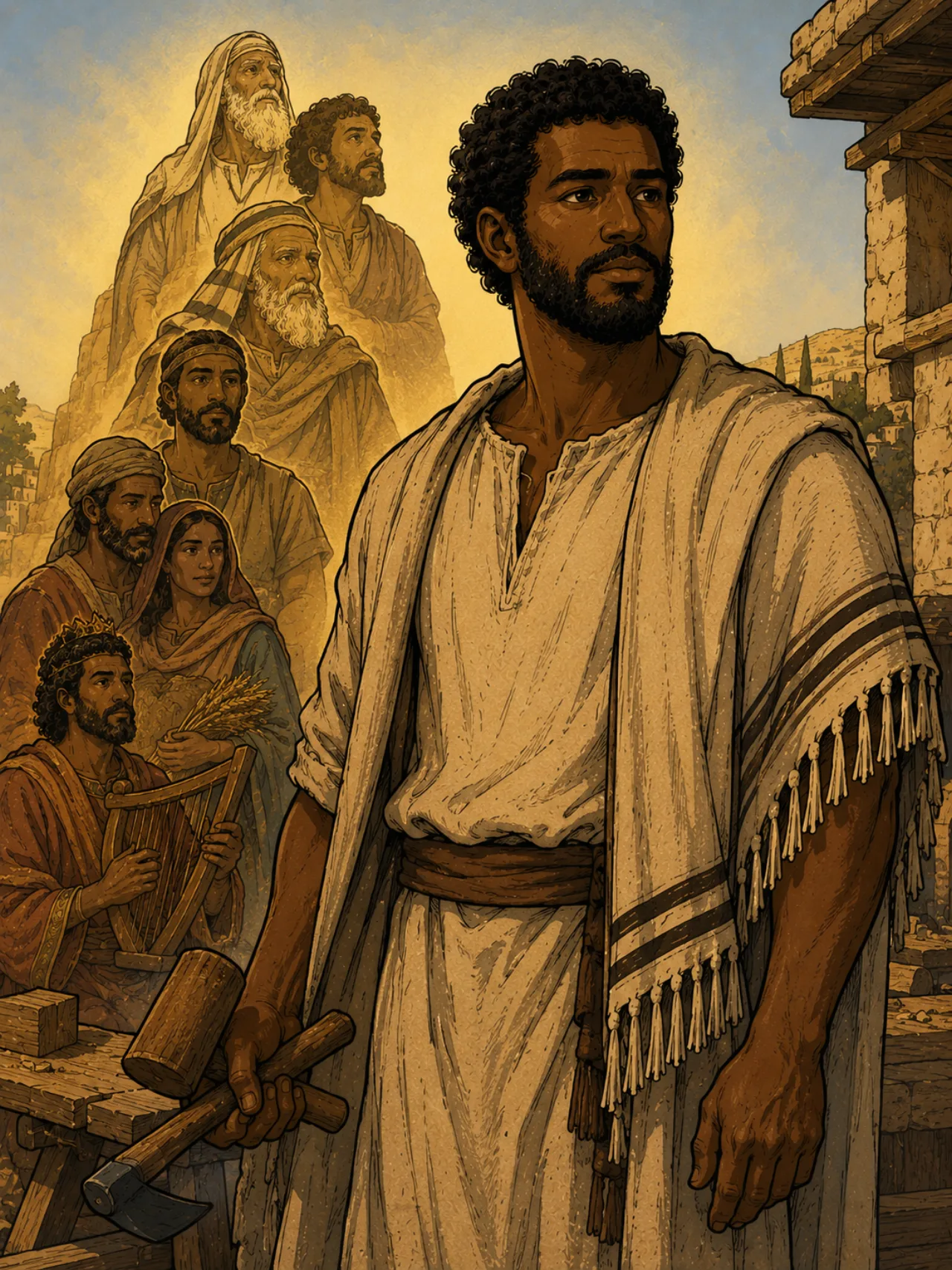 Yosef the working craftsman of Galilee — a Levantine man with olive-brown skin and tightly-coiled dark hair, holding the tools of his craft, his ancestors David, Boaz, Yehudah, Yaakov, Yitzhak and Avraham receding behind him in golden mist