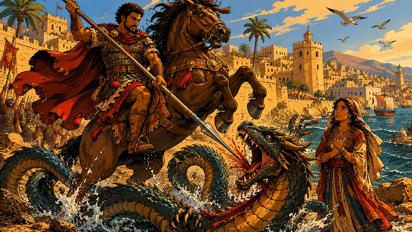The dragon-slaying as the Eastern church tells it — Levantine soldier on horseback, sandstone walled city, Mediterranean coast, not a Gothic castle