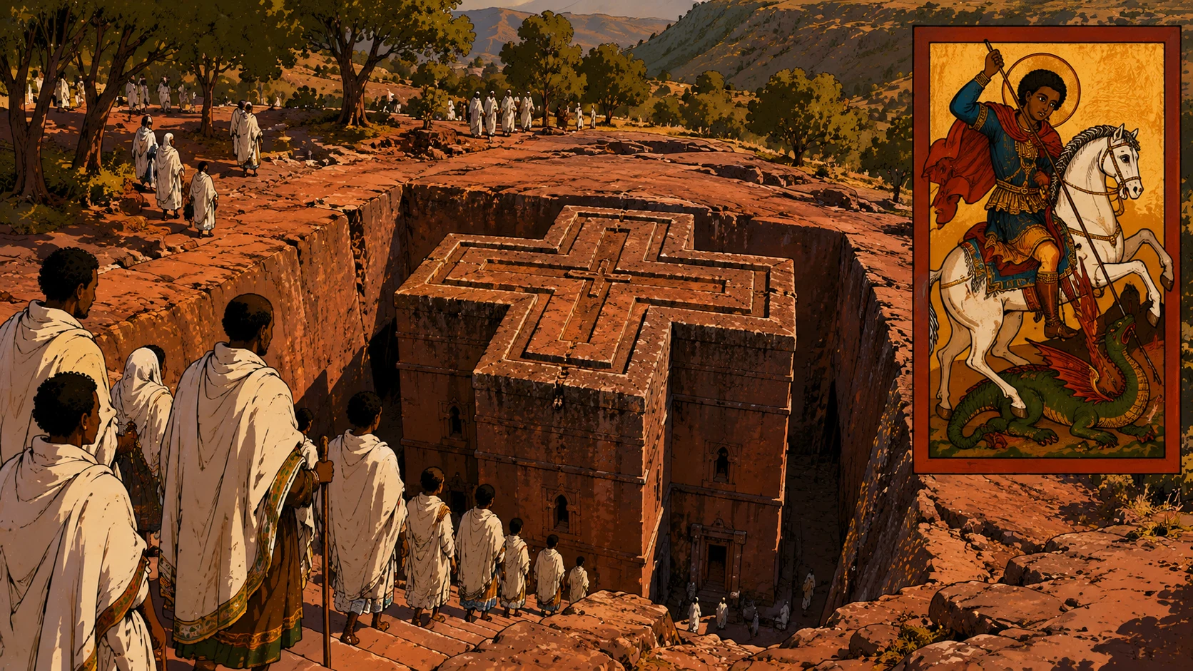 Biete Giyorgis — the Church of Saint George at Lalibela, Ethiopia, carved from a single slab of volcanic rock, a cross sunk into the mountain