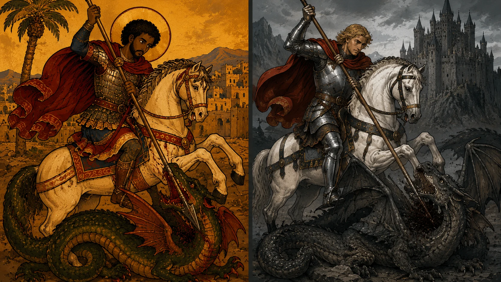 Diptych — Saint George as the East knew him (Levantine icon, eastern Roman armor, Near Eastern setting) vs as the West repainted him (medieval European plate armor, Gothic castle, northern sky)