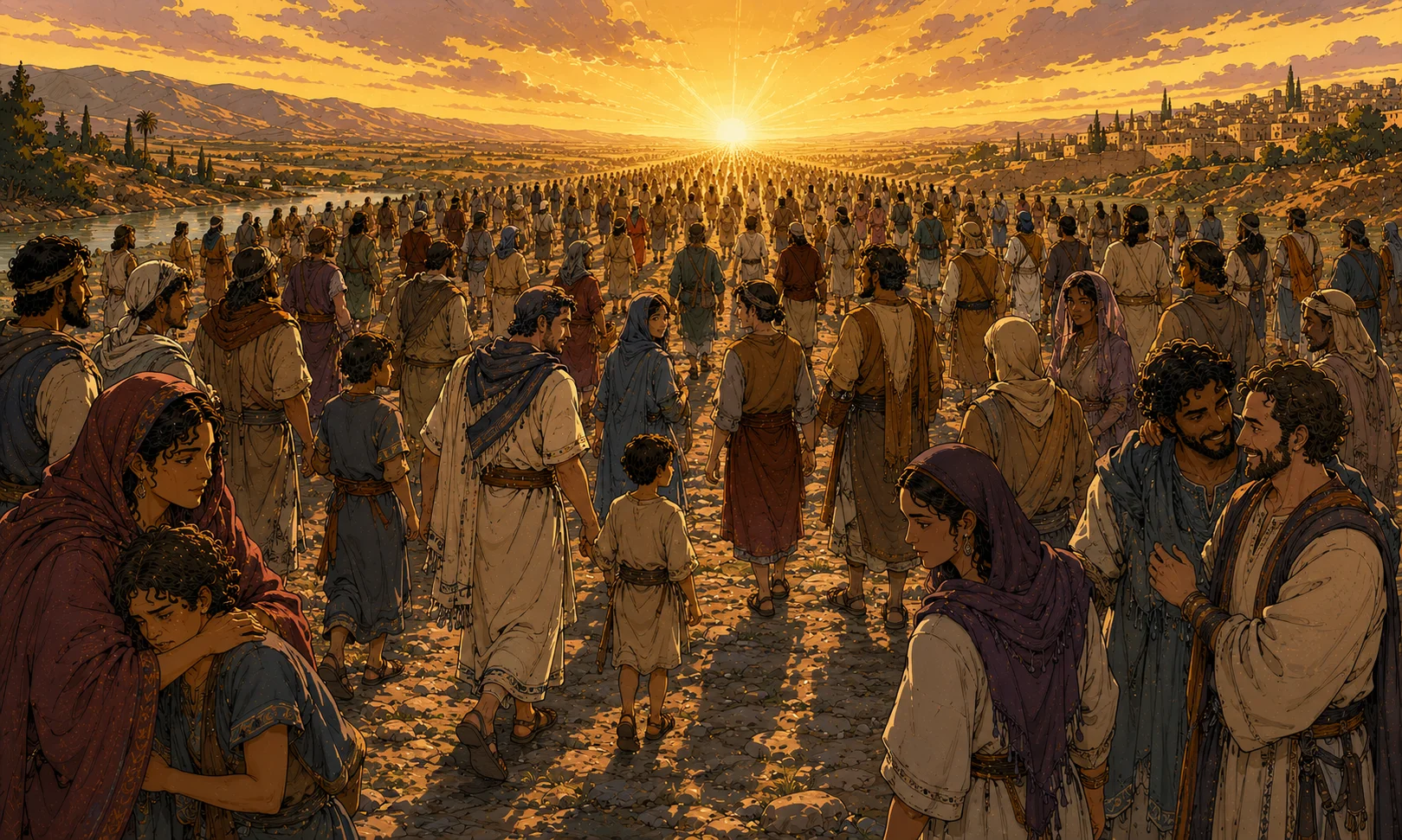 Cel-shaded illustration showing an Israelite gathering — the imagery of Yah's elect nation as described in Deuteronomy 32:10 and Zechariah 2:8, depicting the apple of his eye in a gathering context
