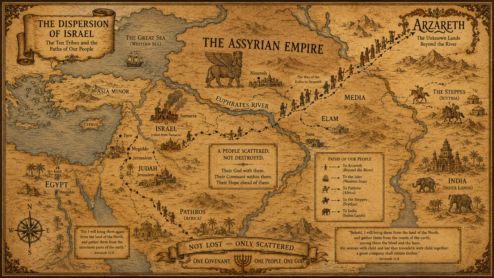 A medieval-style parchment world map showing the ancient Near East, the smoking ruin of Samaria, the vast Assyrian Empire, the winding Euphrates, and faint trails of small figures with bundles disappearing toward a land marked Arzareth in ornate calligraphy at the edge of the known world