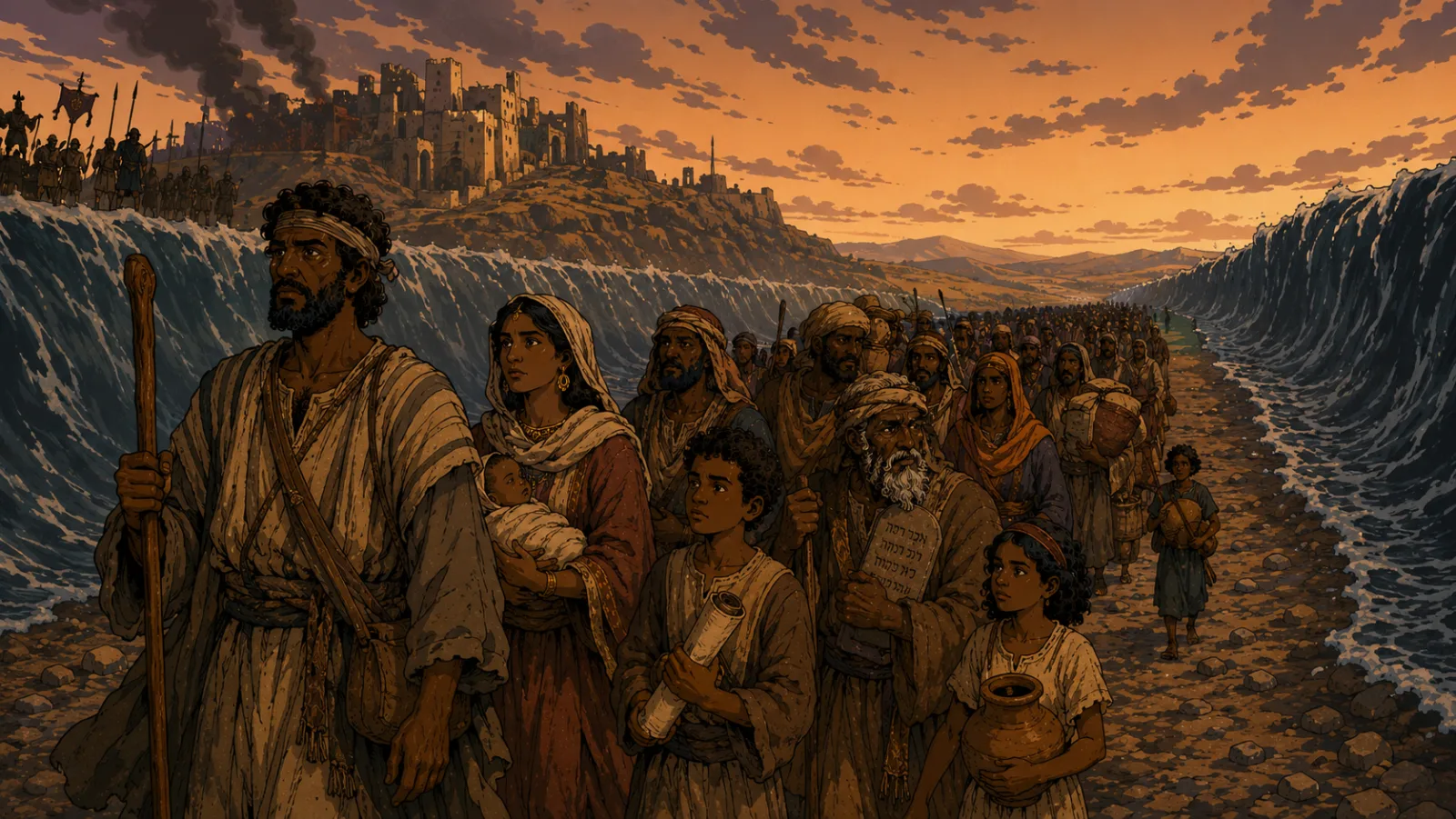 The ten northern tribes crossing the narrow places of the Euphrates on dry ground, the waters held back like walls, carrying scrolls and tablets, the smoking ruins of Samaria behind them and unknown wilderness ahead