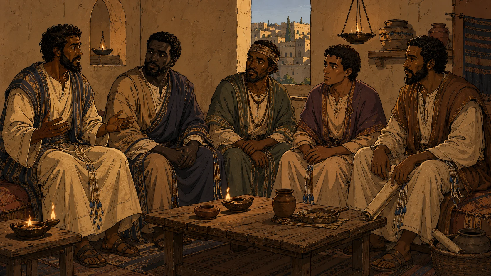 Cel-shaded illustration of the five leaders of the Antioch community as described in Acts 13:1 — diverse Levantine and African figures gathered in a first-century interior