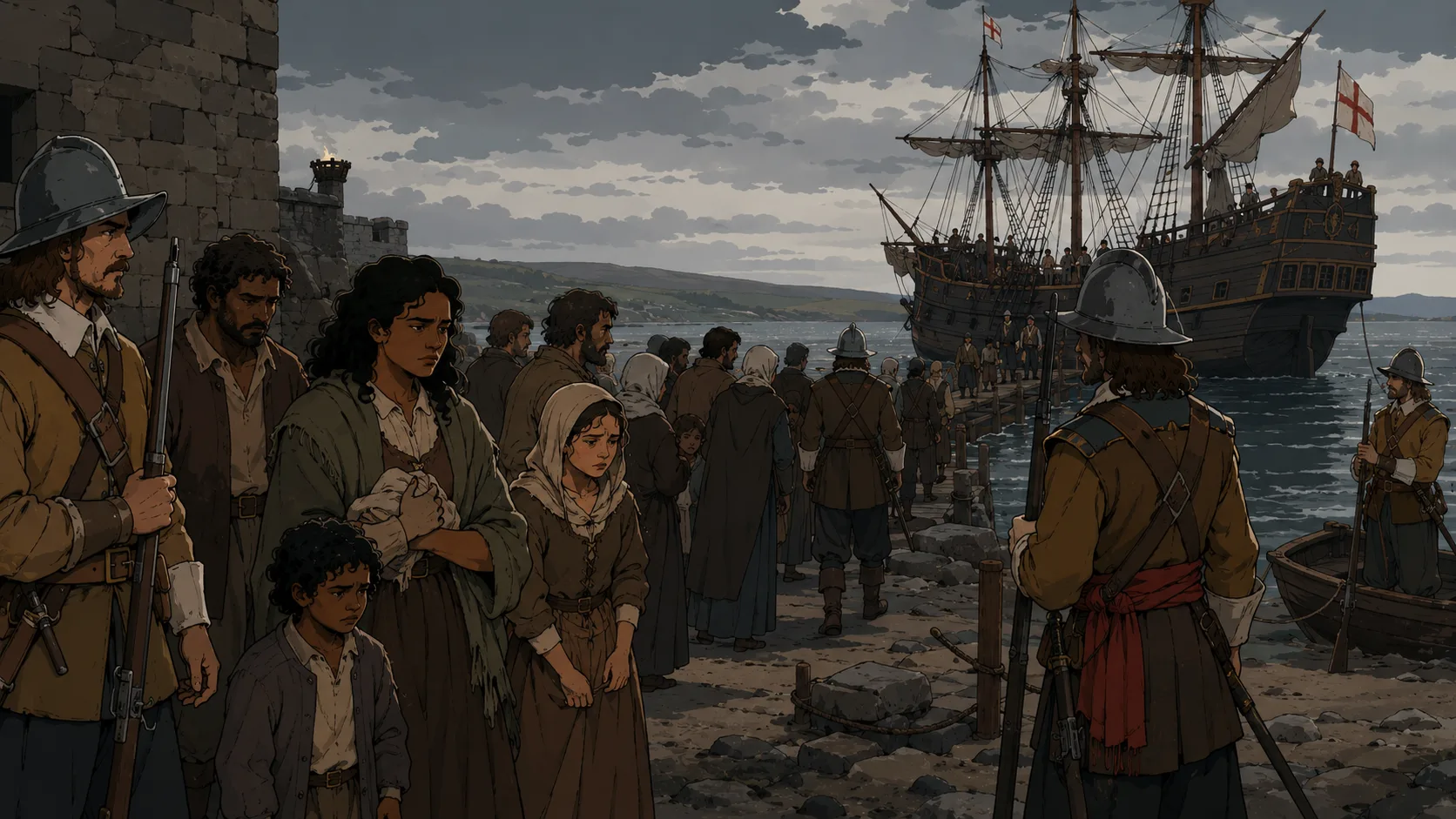 Cromwellian transportation — Irish deportees loaded onto transport vessels bound for Jamaica, 1652–1658