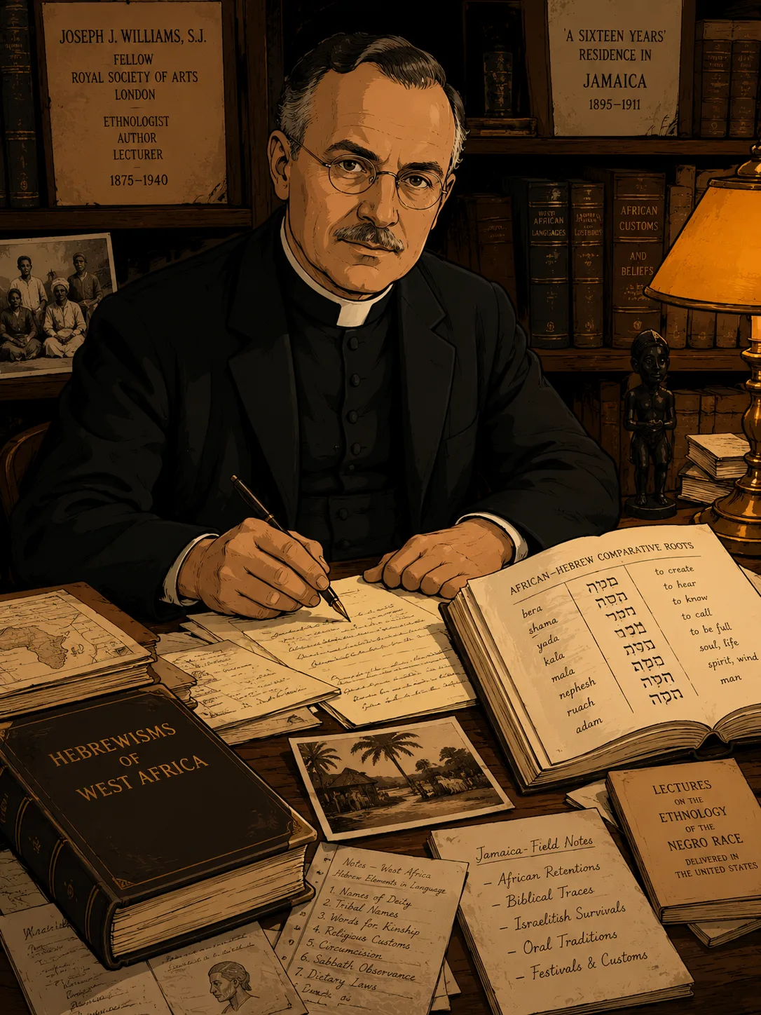 Joseph J. Williams, S.J. — Jesuit Catholic priest and ethnologist, at his research desk surrounded by manuscripts and field notes from Jamaica and West Africa, c. 1930