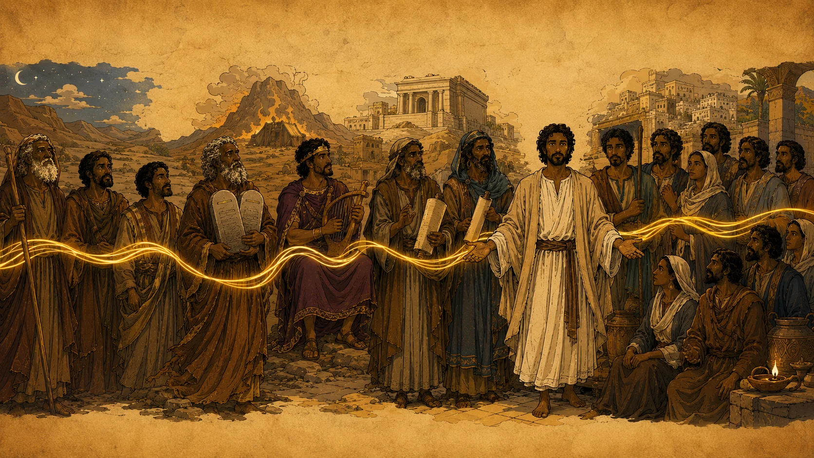A symbolic panoramic panel — the patriarchs Avraham, Yitzhak, Yaakov, then Moshe with the tablets, David with his harp, Isaiah and Jeremiah with their scrolls, Esther in Persian court dress, Yeshua at center, and the apostles — all connected by a golden thread, flowing as one Israelite story