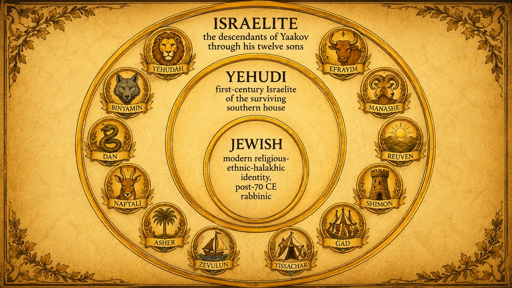 A symbolic concentric-rings diagram on parchment — outermost ring: Israelite (descendants of Yaakov's twelve sons); middle ring: Yehudi (first-century Israelite of the surviving southern house); innermost ring: Jewish (modern religious-ethnic-halakhic identity)