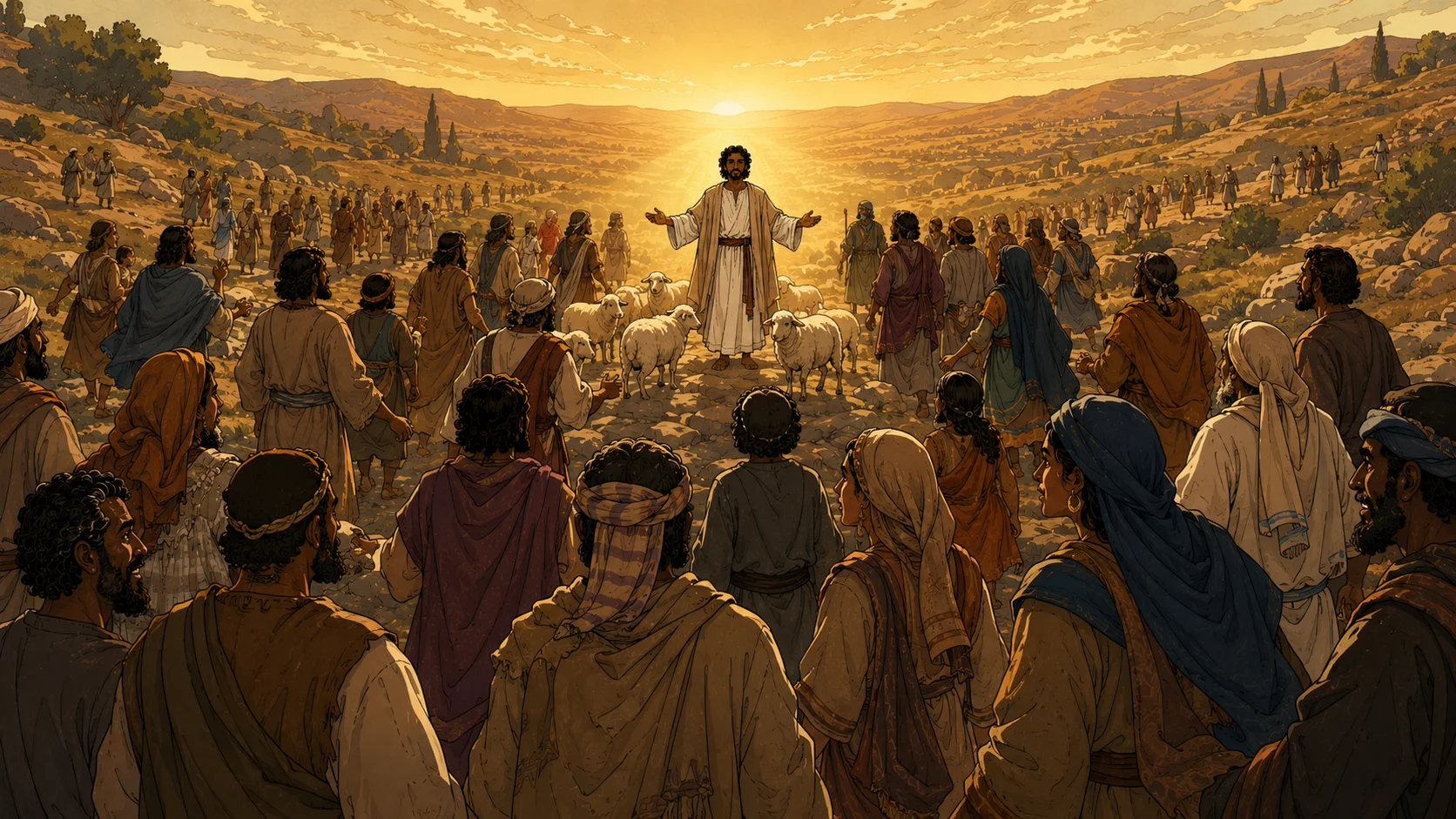 A symbolic gathering scene at dawn — scattered figures of diverse Levantine peoples moving from different directions toward a luminous shepherd figure with arms raised, gathering, with sheep visible at his feet — the lost sheep of the house of Israel being gathered