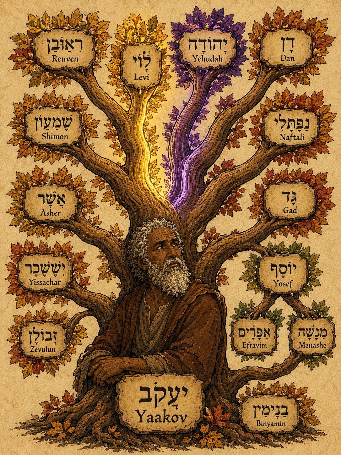 A symbolic family-tree diagram rendered as a flowing organic tree — the trunk is Yaakov, with twelve branches for the twelve tribes, Levi highlighted in gold (priestly line) and Yehudah in deep purple (kingly line), Yosef's branch splitting into Efrayim and Menashe