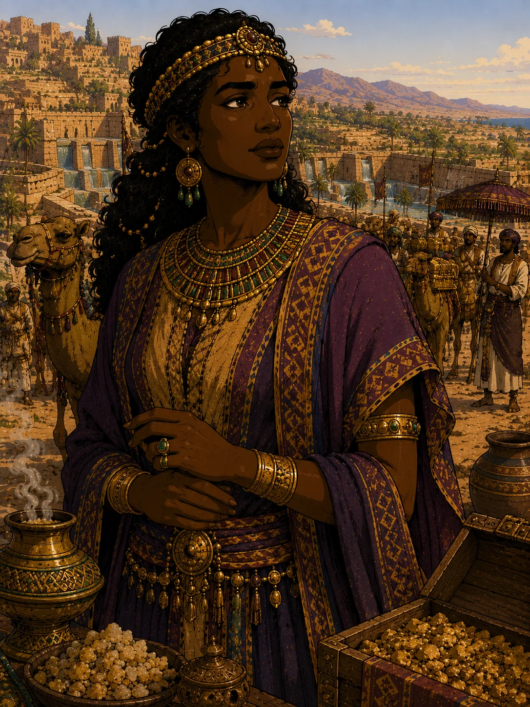Sheba — son of Joktan, ancestor of the Sabeans; his territory became the source of gold, spices, and incense that defined Near Eastern luxury, and the homeland of the Queen of Sheba who came to test Solomon